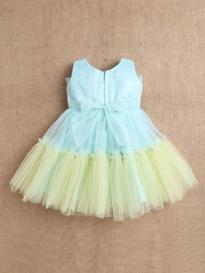 Sleeveless Net Bouquet Yoke Frill Bottom Dress For Girls - Aqua