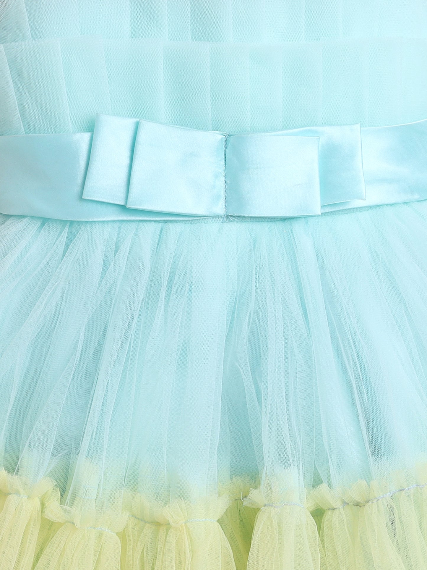 Sleeveless Net Bouquet Yoke Frill Bottom Dress For Girls - Aqua