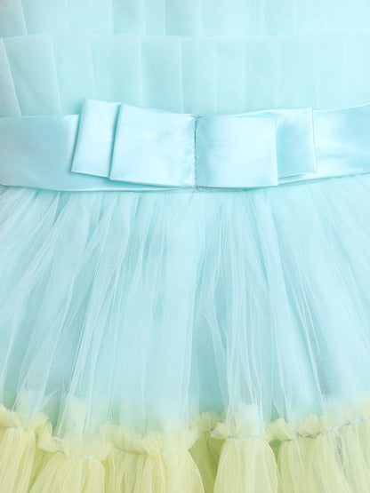 Sleeveless Net Bouquet Yoke Frill Bottom Dress For Girls - Aqua