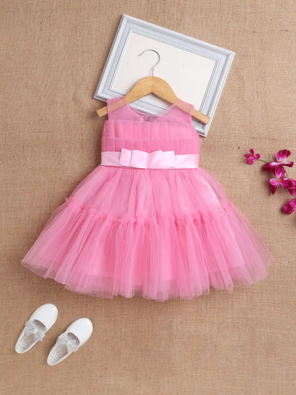 The Magic Wand Sleeveless Net Bouquet Yoke Frill Bottom Dress For Girls- Pink