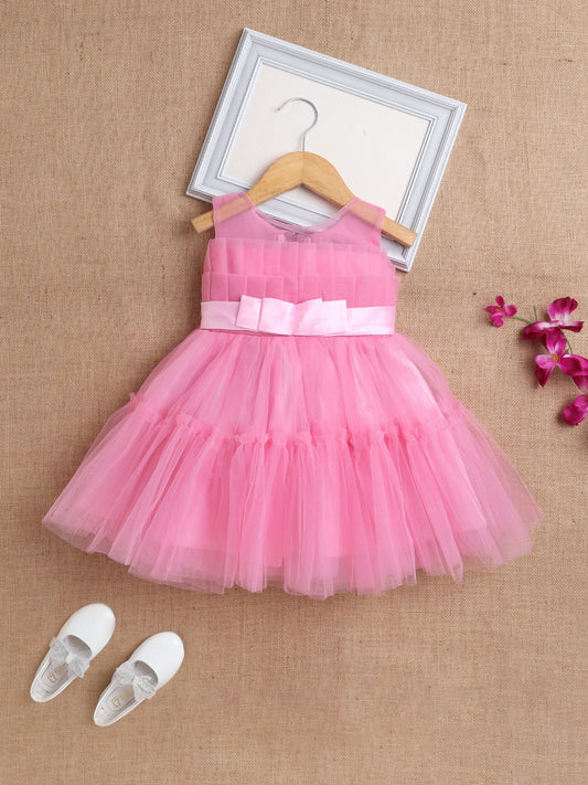 The Magic Wand Sleeveless Net Bouquet Yoke Frill Bottom Dress For Girls- Pink