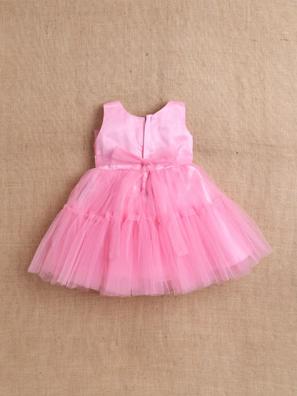 The Magic Wand Sleeveless Net Bouquet Yoke Frill Bottom Dress For Girls- Pink
