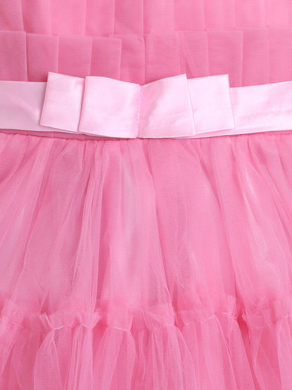 The Magic Wand Sleeveless Net Bouquet Yoke Frill Bottom Dress For Girls- Pink