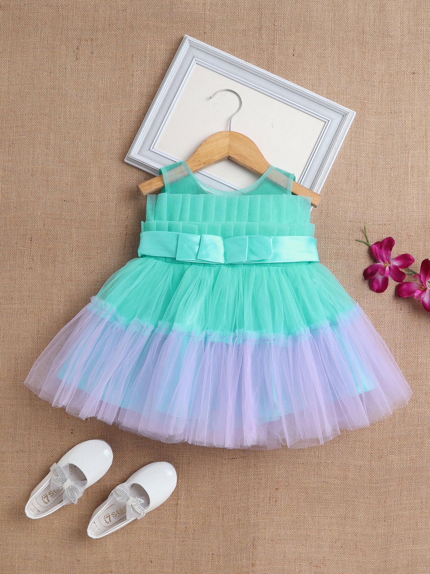 Sleeveless Net Party Dress- Multi Colored