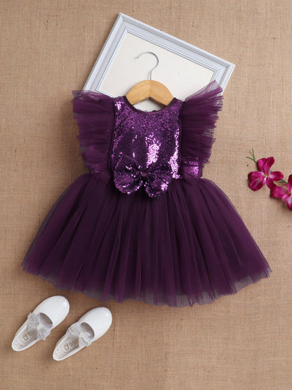 Sleeveless Sequins Bow Embellished Dress For Girls - Wine