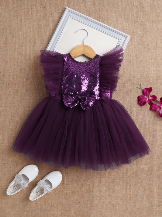 Sleeveless Sequins Bow Embellished Dress For Girls - Wine