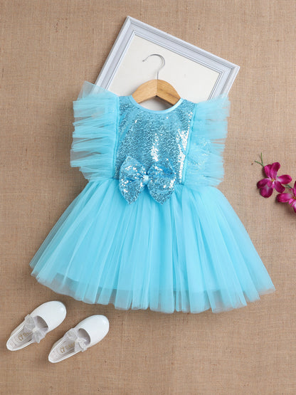 Sleeveless Sequins Bow Embelished Dress For Girls Blue