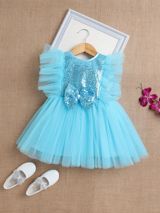 Sleeveless Sequins Bow Embelished Dress For Girls Blue