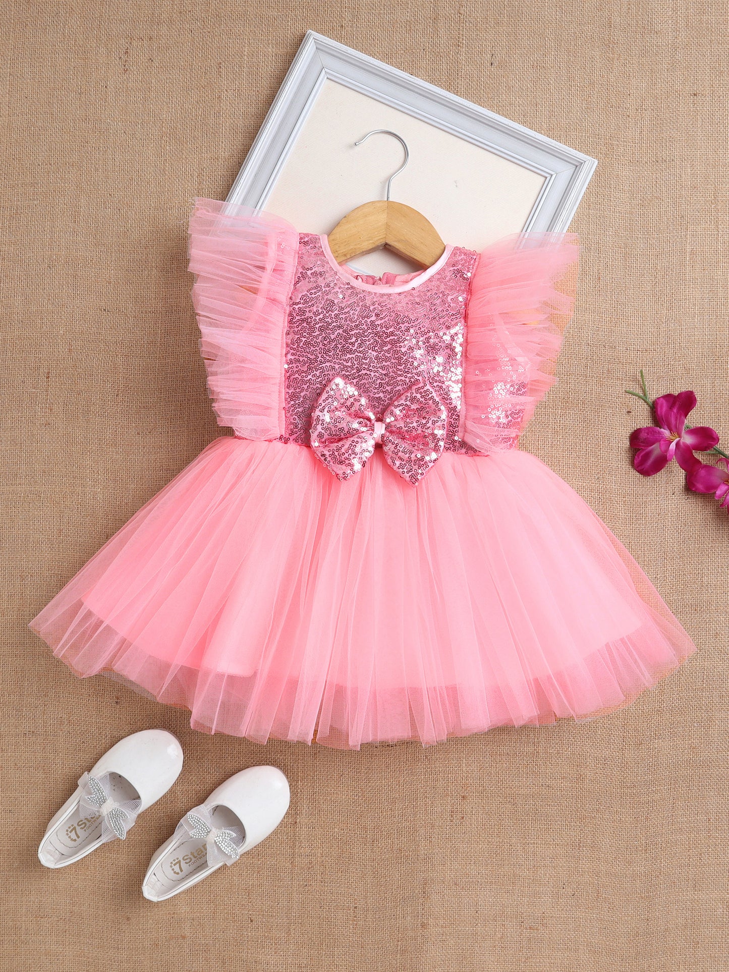 Sleeveless Sequins Bow Embellished Dress For Girls- Pink