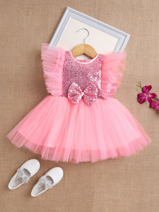 Sleeveless Sequins Bow Embellished Dress For Girls- Pink