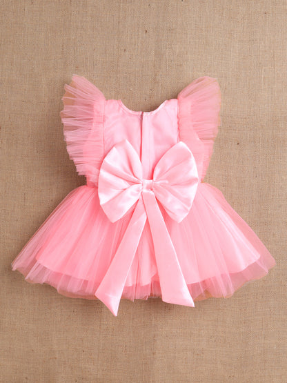 Sleeveless Sequins Bow Embellished Dress For Girls- Pink