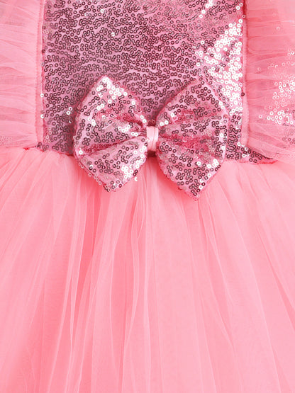 Sleeveless Sequins Bow Embellished Dress For Girls- Pink