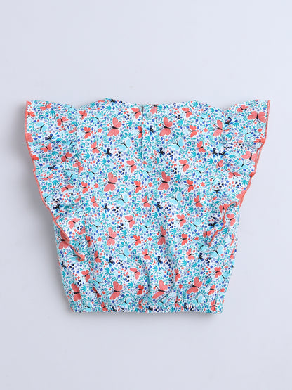 All Over Printed Sleeveless Floral Top - Blue, Orange