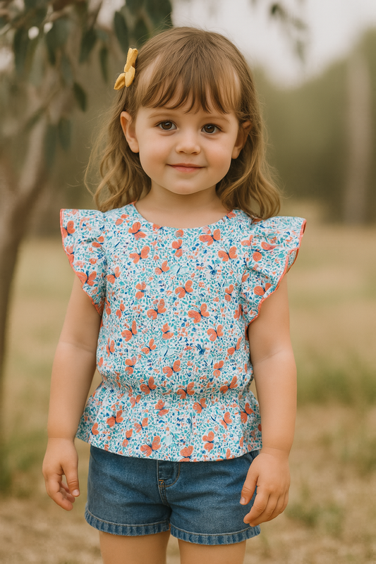All Over Printed Sleeveless Floral Top - Blue, Orange