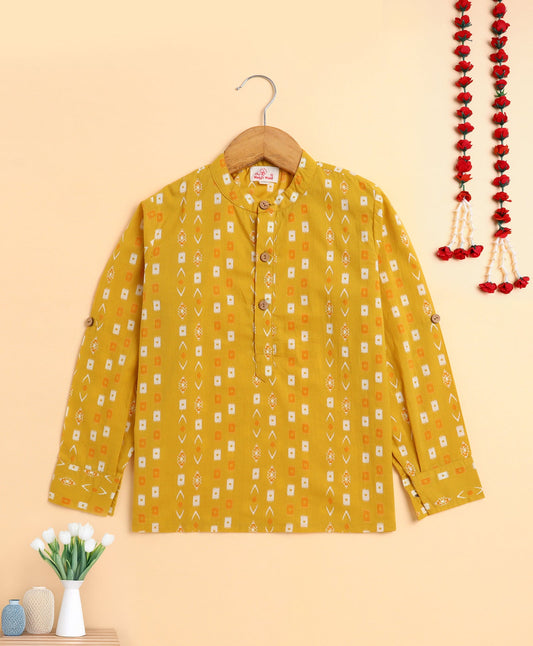 The Magic Wand Cotton Woven Motif Printed Full Sleeves Short Kurta - Yellow