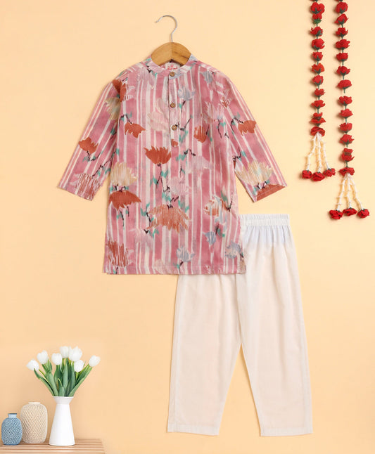The Magic Wand Cambric Cotton woven Full Sleeves Printed Kurta Pyjama Set - Pink