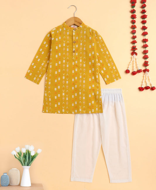 The Magic Wand Cambric Cotton woven Full Sleeves Printed Kurta Pyjama Set - Mustard