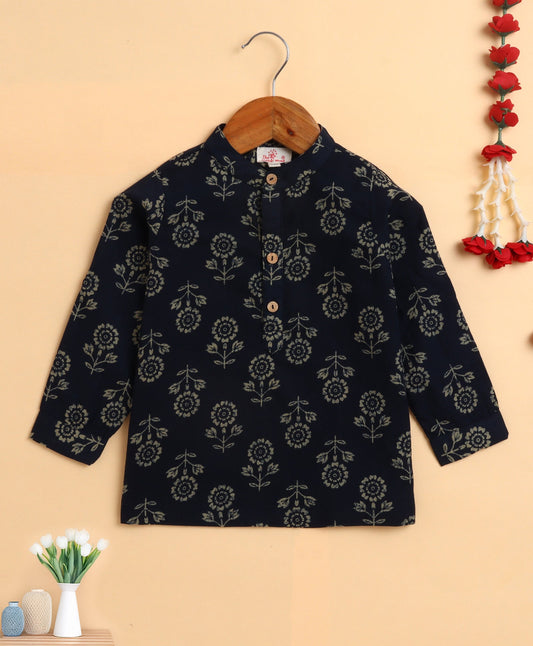 The Magic Wand Cambric Cotton woven Full Sleeves Printed Short Kurta  - Teal Blue
