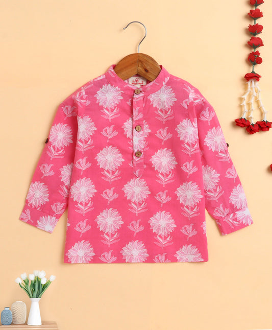 The Magic Wand Cambric Cotton woven Full Sleeves Floral Printed Short Kurta - Pink
