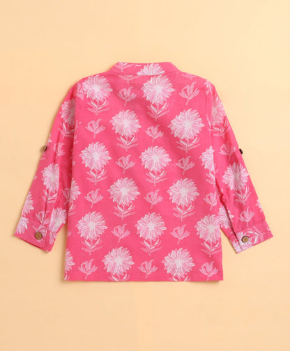 The Magic Wand Cambric Cotton woven Full Sleeves Floral Printed Short Kurta - Pink