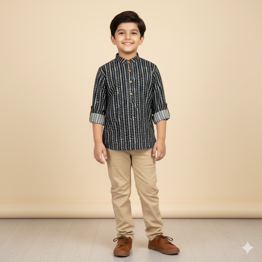 Cotton Woven Full Sleeves Stripe Printed Short Kurta- Teal Blue