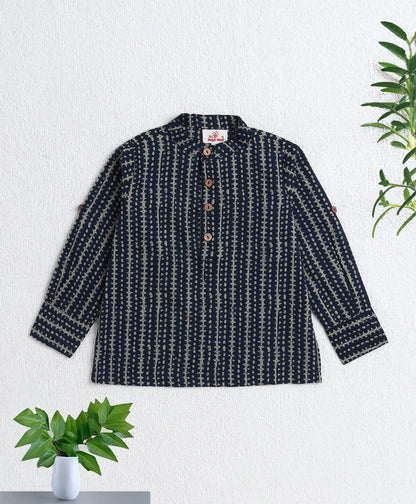 The Magic Wand Cotton Woven Full Sleeves Stripe Printed Short Kurta- Teal Blue