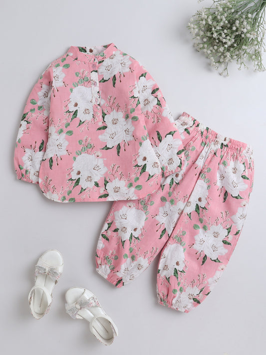Full Sleeves Cotton Floral Print Loungewear Set  Pink