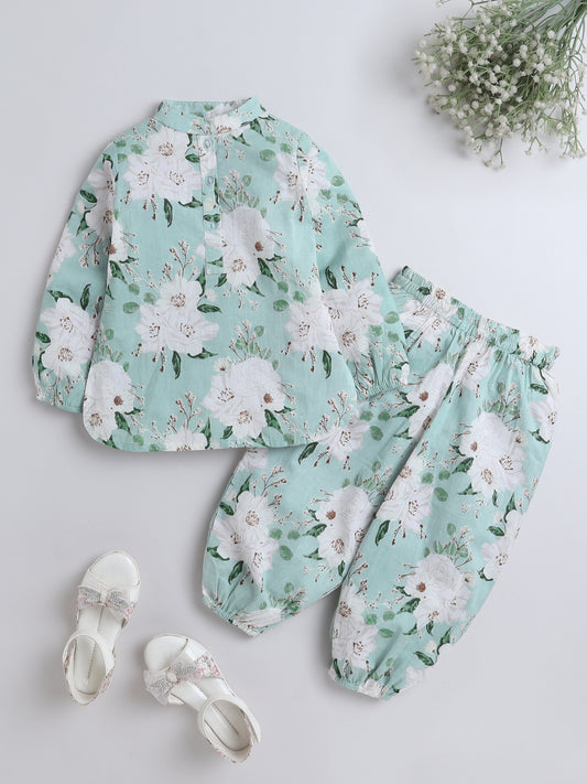 Full Sleeves Cotton Floral Print Loungewear Set  Mint