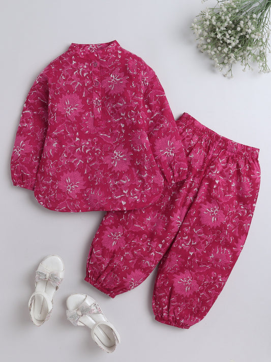 Full Sleeves Cotton Floral Print Loungewear Set  Fushcia
