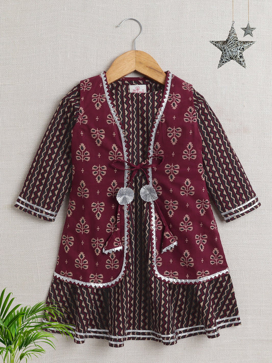 The Magic Wand 3/4Th Sleeves Stripe Dress With Jacket-Maroon