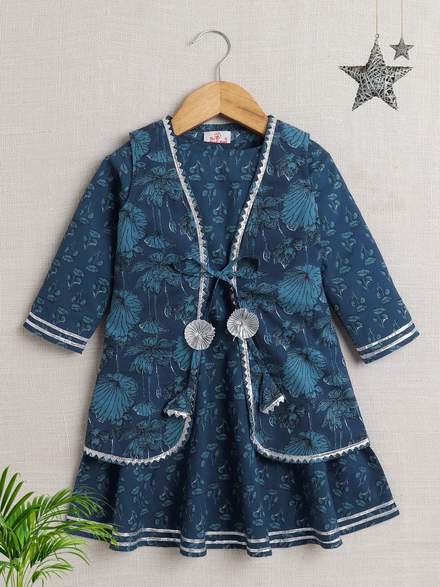 The Magic Wand All Over Printed 3/4th Sleeves Dress with Jacket Blue