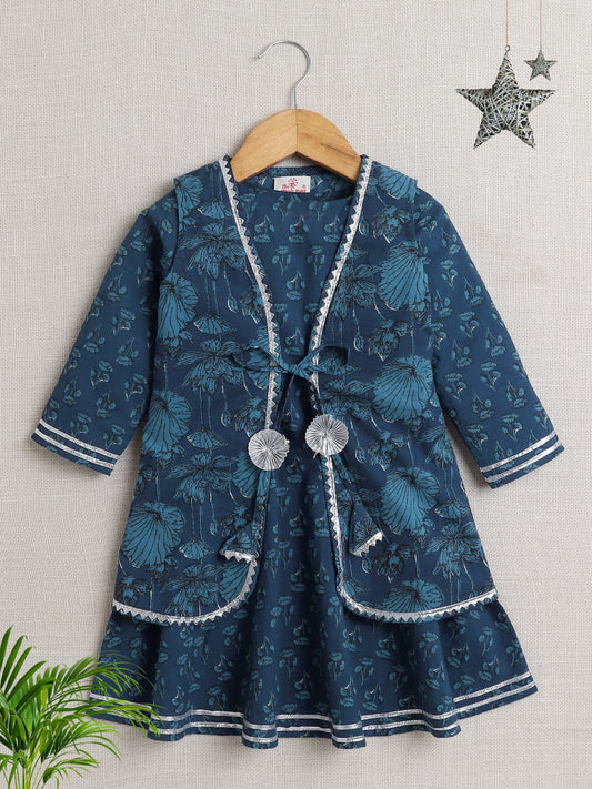 The Magic Wand All Over Printed 3/4th Sleeves Dress with Jacket Blue