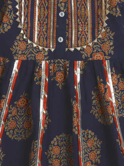 Short Sleeves Floral print Ethnic Dress- Black