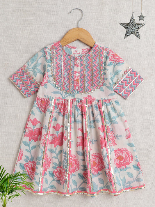 Short Sleeves Floral print Ethnic Dress- Off White
