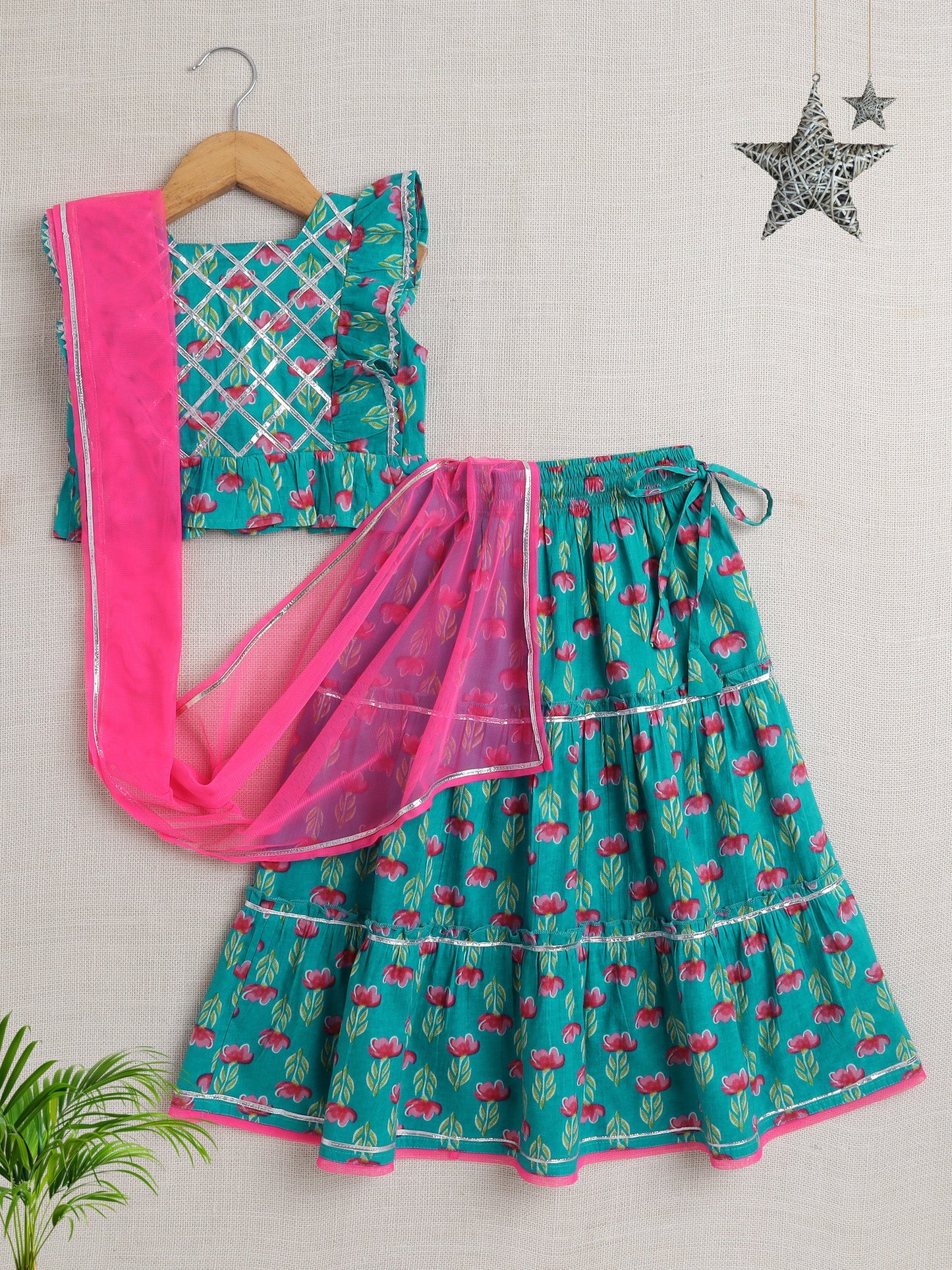 Cotton Sleeveless Floral Printed & Lace Embellished Lehenga Choli With Dupatta Set - Blue