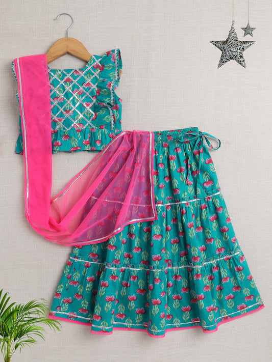 Cotton Sleeveless Floral Printed & Lace Embellished Lehenga Choli With Dupatta Set - Blue