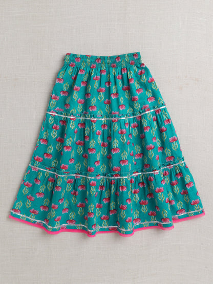 Cotton Sleeveless Floral Printed & Lace Embellished Lehenga Choli With Dupatta Set - Blue