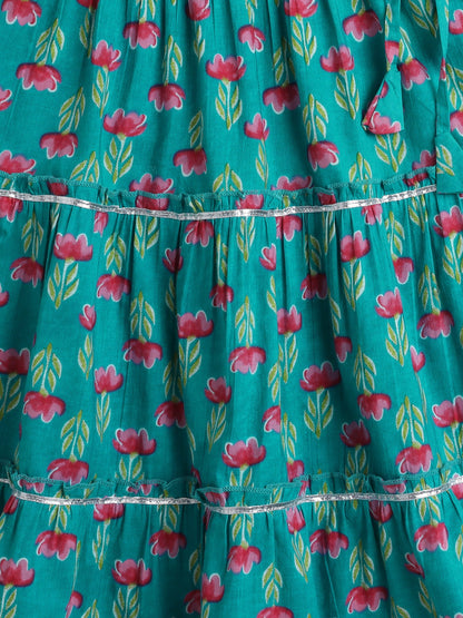 Cotton Sleeveless Floral Printed & Lace Embellished Lehenga Choli With Dupatta Set - Blue