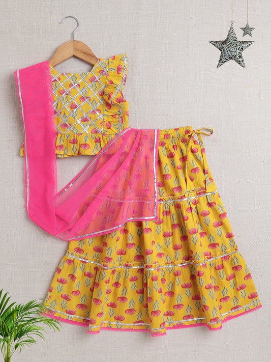 Sleeveless Floral Print Lehenga Choli Set - Yellow