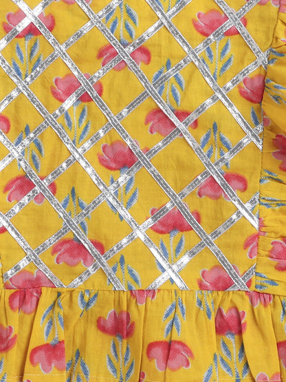 Cotton Sleeveless Floral Printed & Lace Embellished Lehenga Choli With Dupatta Set - Yellow