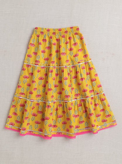 Sleeveless Floral Print Lehenga Choli Set - Yellow