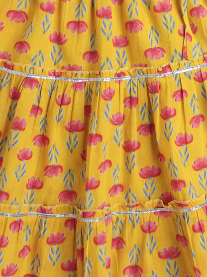 Sleeveless Floral Print Lehenga Choli Set - Yellow