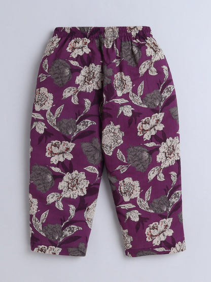 The Magic Wand  Three Forth Sleeves Cotton Floral Printed Lounge Wear Night Suit Set Purple