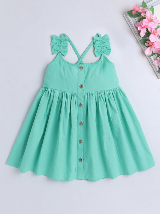 Cotton Shoulder Strapps with Bow Detail Solid Dress- Green