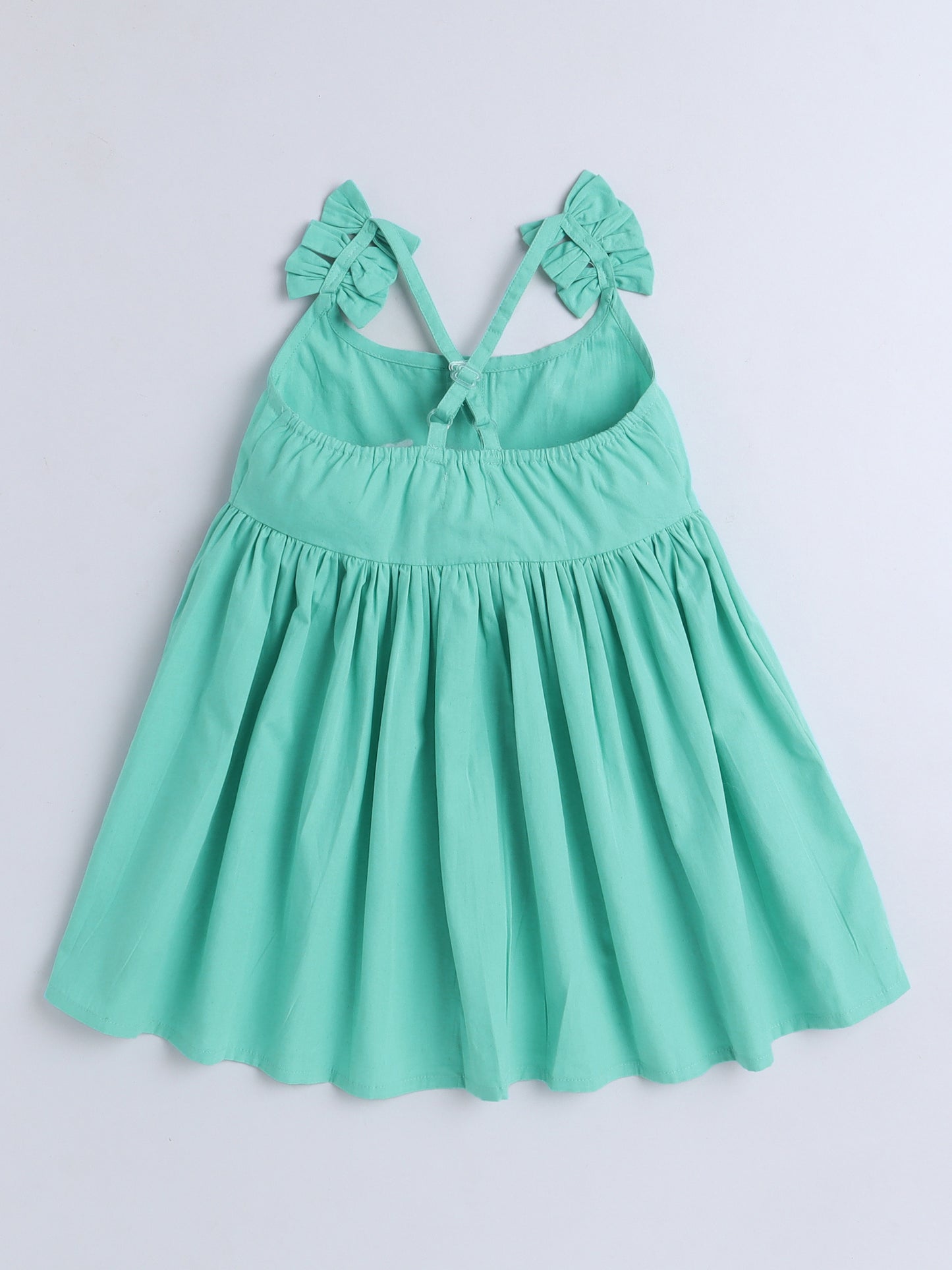 Cotton Shoulder Strapps with Bow Detail Solid Dress- Green