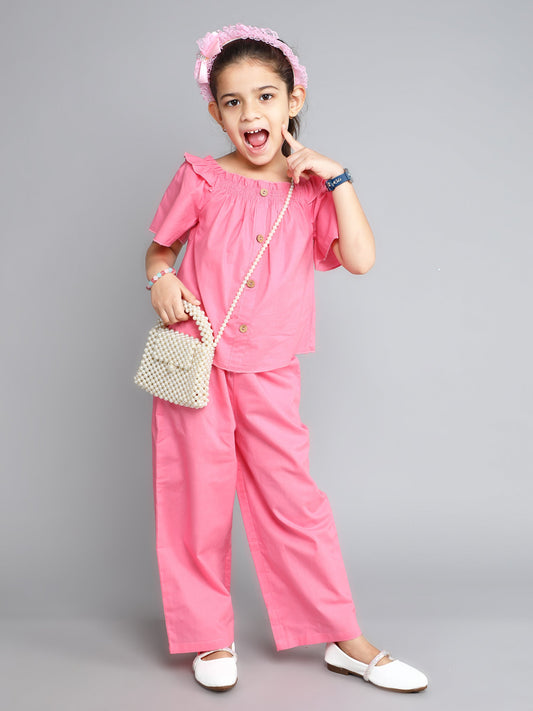 The Magic Wand Cotton Solid Short Sleeves Co ordinating Set-Pink
