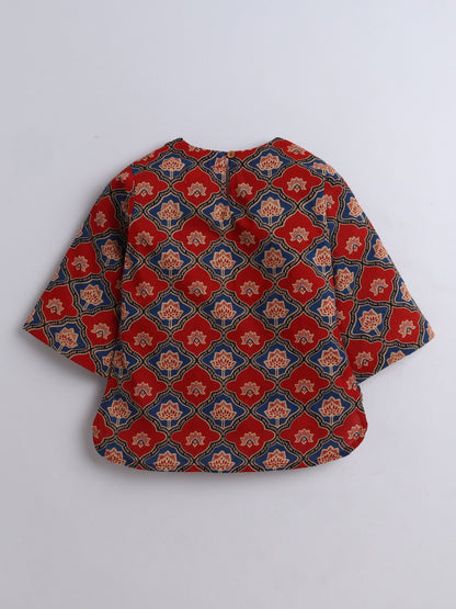 The Magic Wand Cotton Floral Printed 3/4th Sleeves Top & Pant Lounge Wear Set- Maroon