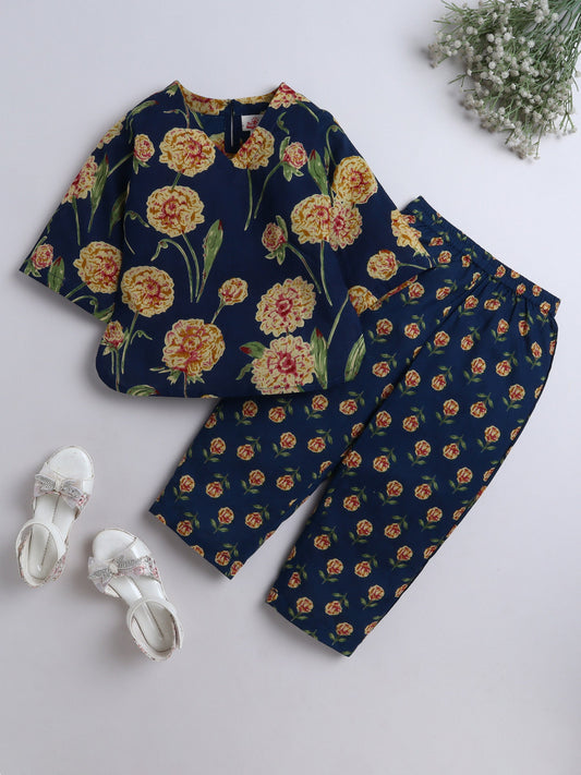 The Magic Wand Cotton Floral Printed 3/4th Sleeves Top & Pant Lounge Wear Set -Navy Blue