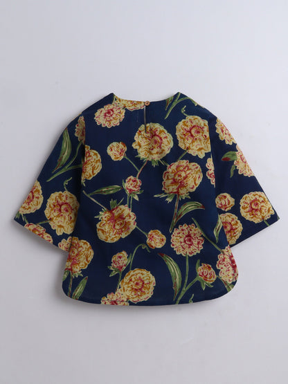 The Magic Wand Cotton Floral Printed 3/4th Sleeves Top & Pant Lounge Wear Set -Navy Blue
