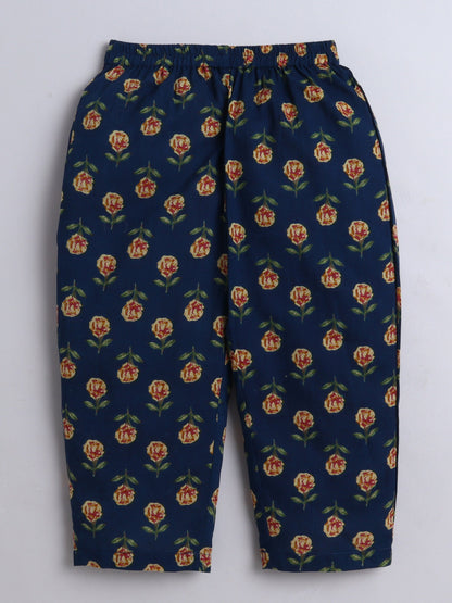 The Magic Wand Cotton Floral Printed 3/4th Sleeves Top & Pant Lounge Wear Set -Navy Blue